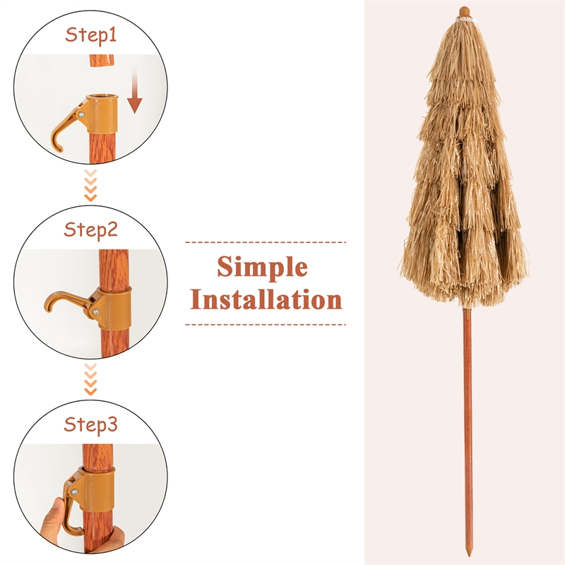 6.5 FT Patio Portable Thatched Beach Umbrella Tilt  Khaki