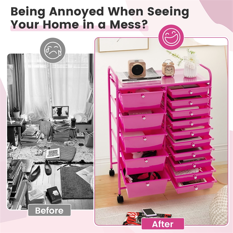 15 Drawer Rolling Storage Cart Mobile Cart Organizer Hot Pink