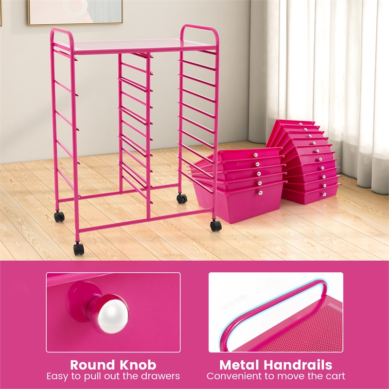15 Drawer Rolling Storage Cart Mobile Cart Organizer Hot Pink