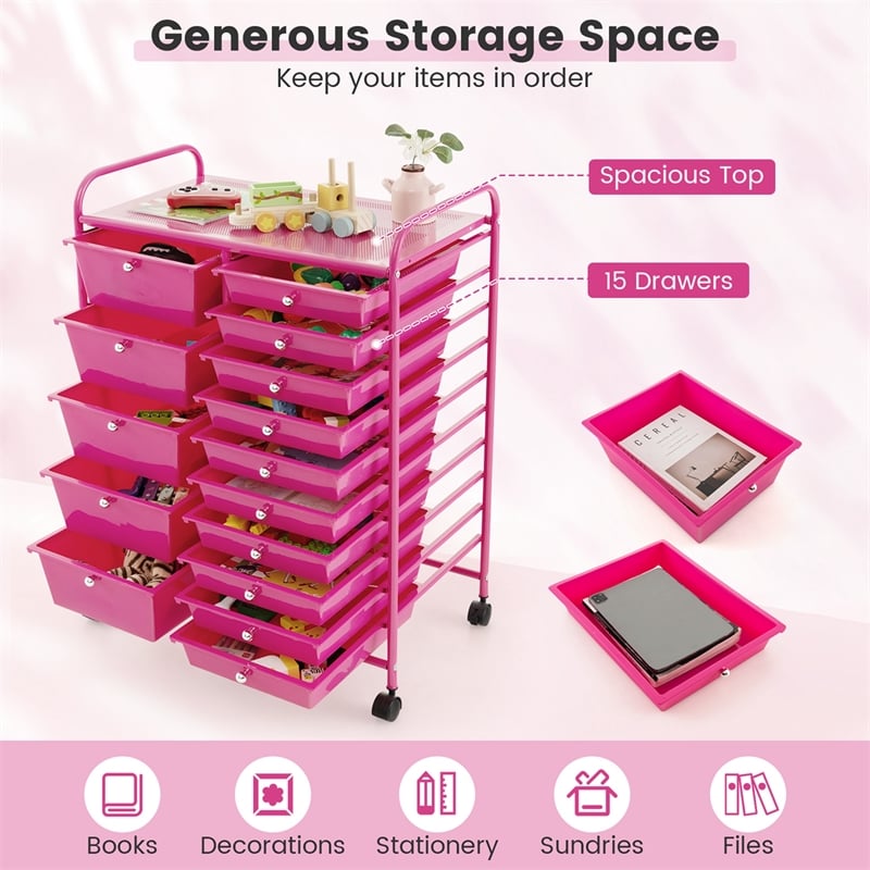 15 Drawer Rolling Storage Cart Mobile Cart Organizer Hot Pink