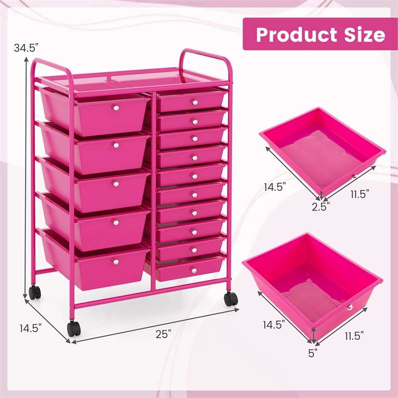 15 Drawer Rolling Storage Cart Mobile Cart Organizer Hot Pink