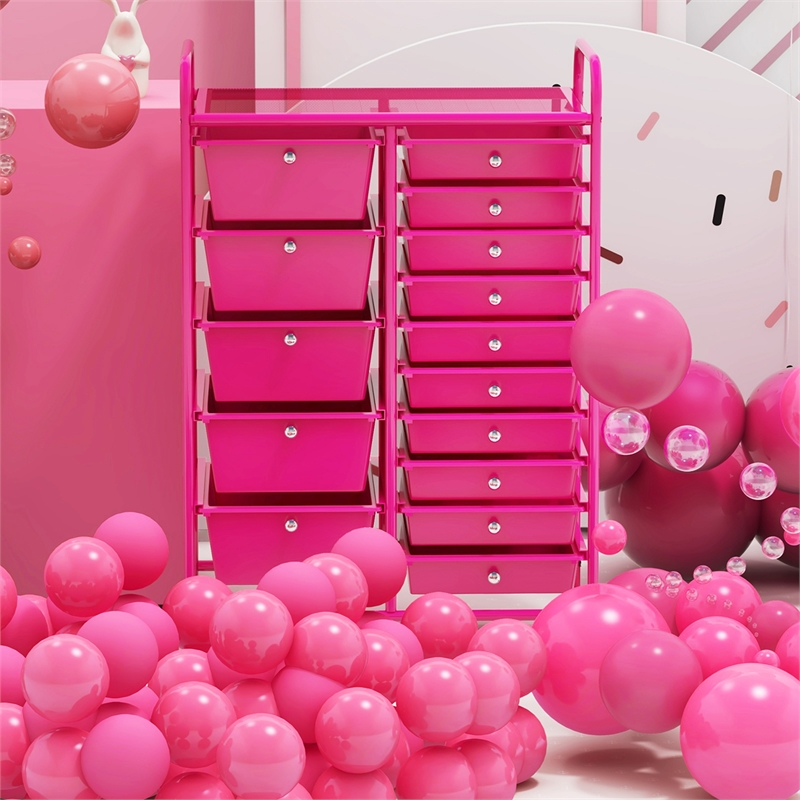 15 Drawer Rolling Storage Cart Mobile Cart Organizer Hot Pink