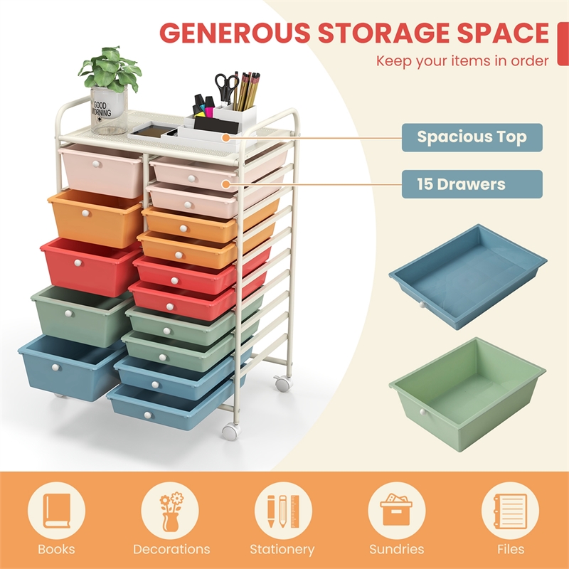 15 Drawer Rolling Storage Cart Mobile Cart Organizer Multicolored