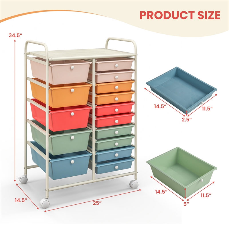 15 Drawer Rolling Storage Cart Mobile Cart Organizer Multicolored