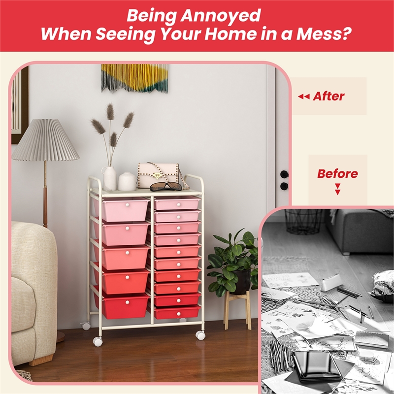 15 Drawer Rolling Storage Cart Mobile Cart Organizer Pink