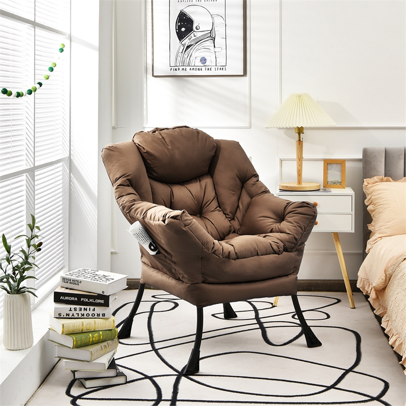 Modern Polyester Fabric Lazy Chair Single Sofa Chair w/ Side Pocket Brown