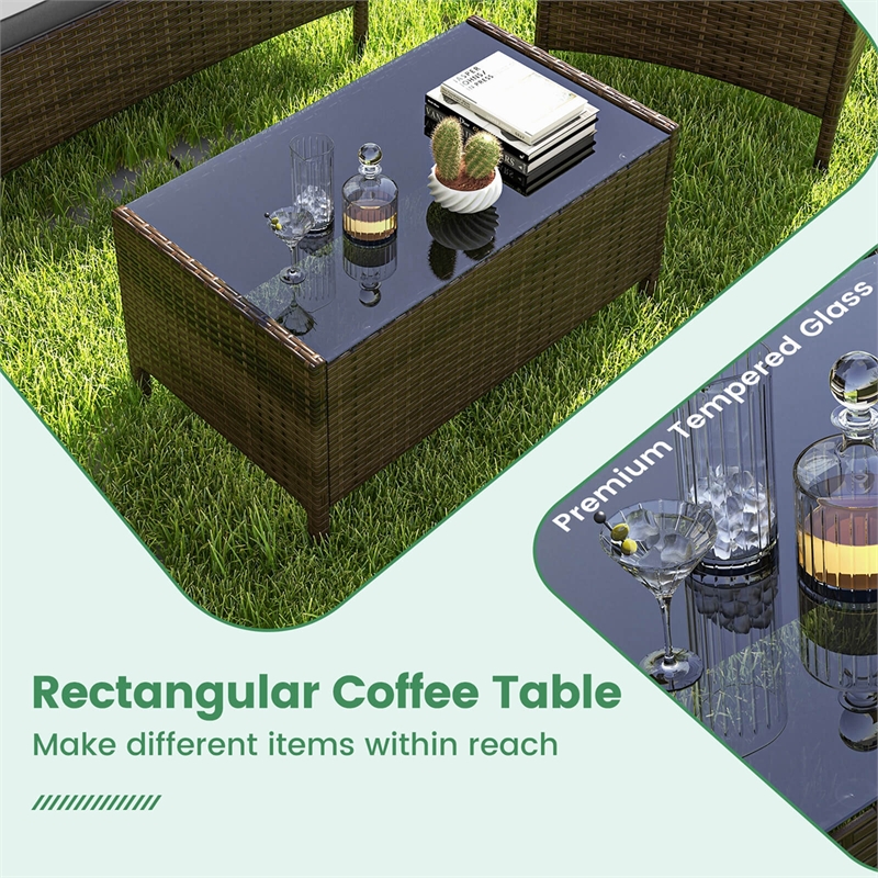 4 PCS Patio Furniture Set with Tempered Glass Coffee Table Grey
