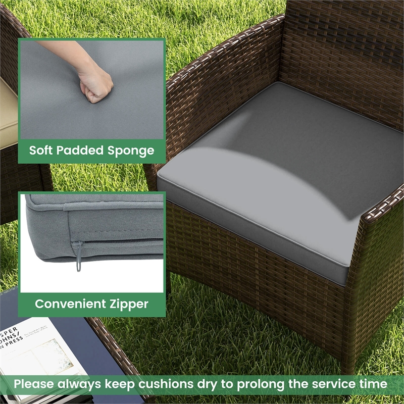 4 PCS Patio Furniture Set with Tempered Glass Coffee Table Grey