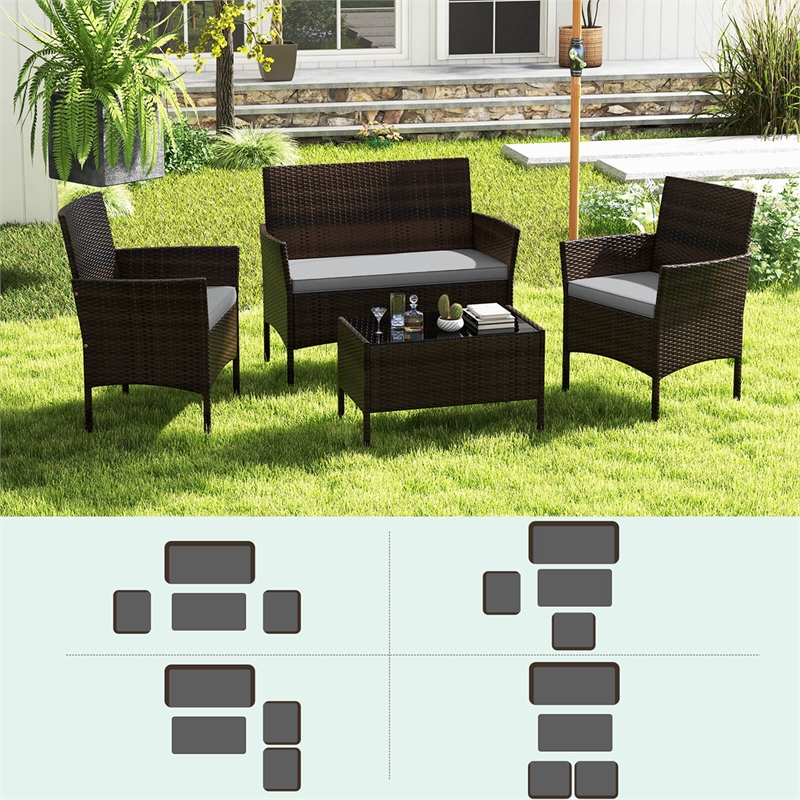 4 PCS Patio Furniture Set with Tempered Glass Coffee Table Grey