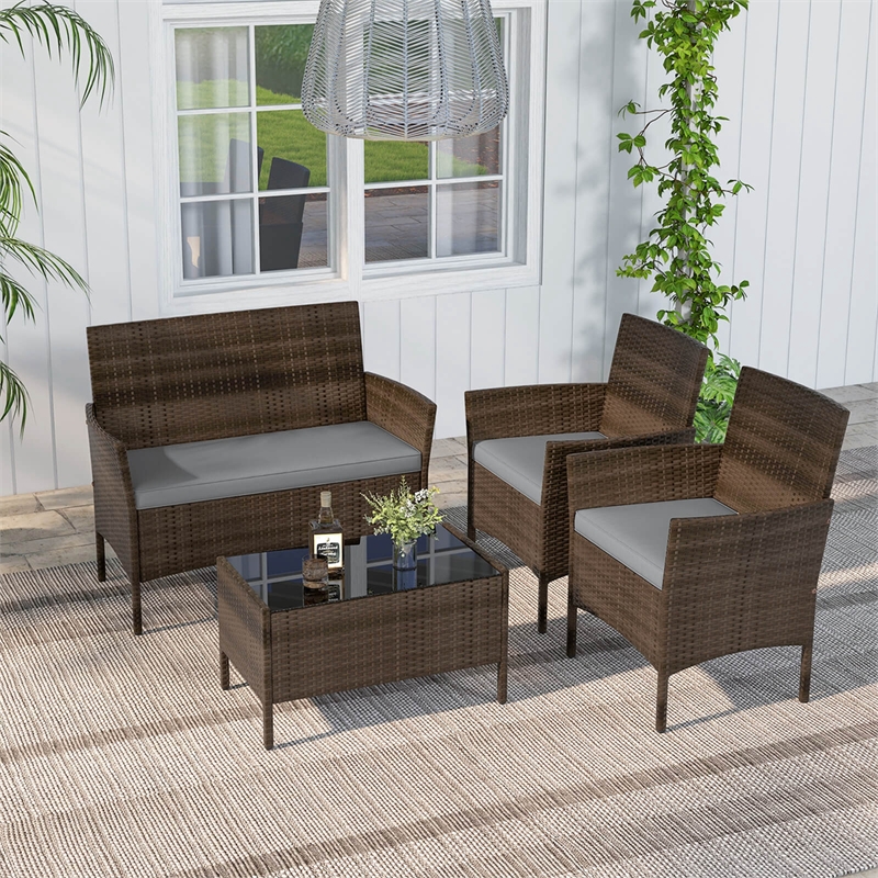 4 PCS Patio Furniture Set with Tempered Glass Coffee Table Grey