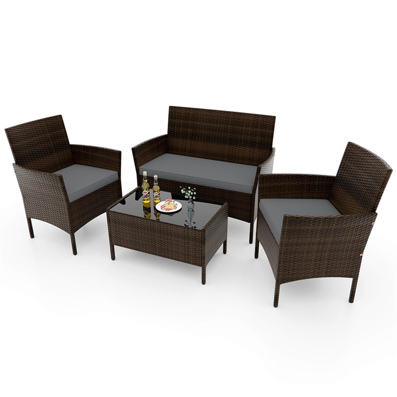 4 PCS Patio Furniture Set with Tempered Glass Coffee Table Grey
