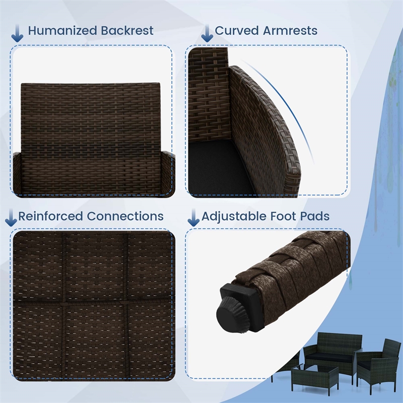 4 PCS Patio Furniture Set with Tempered Glass Coffee Table Black