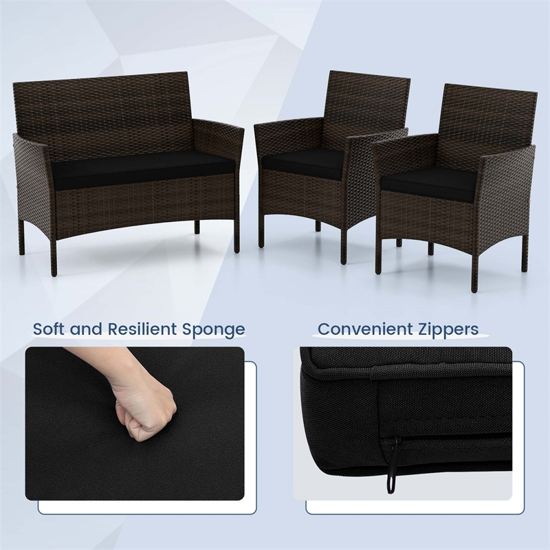 4 PCS Patio Furniture Set with Tempered Glass Coffee Table Black