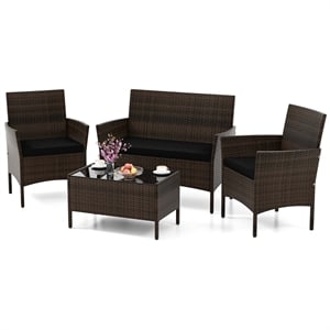 4 PCS Patio Furniture Set with Tempered Glass Coffee Table Black