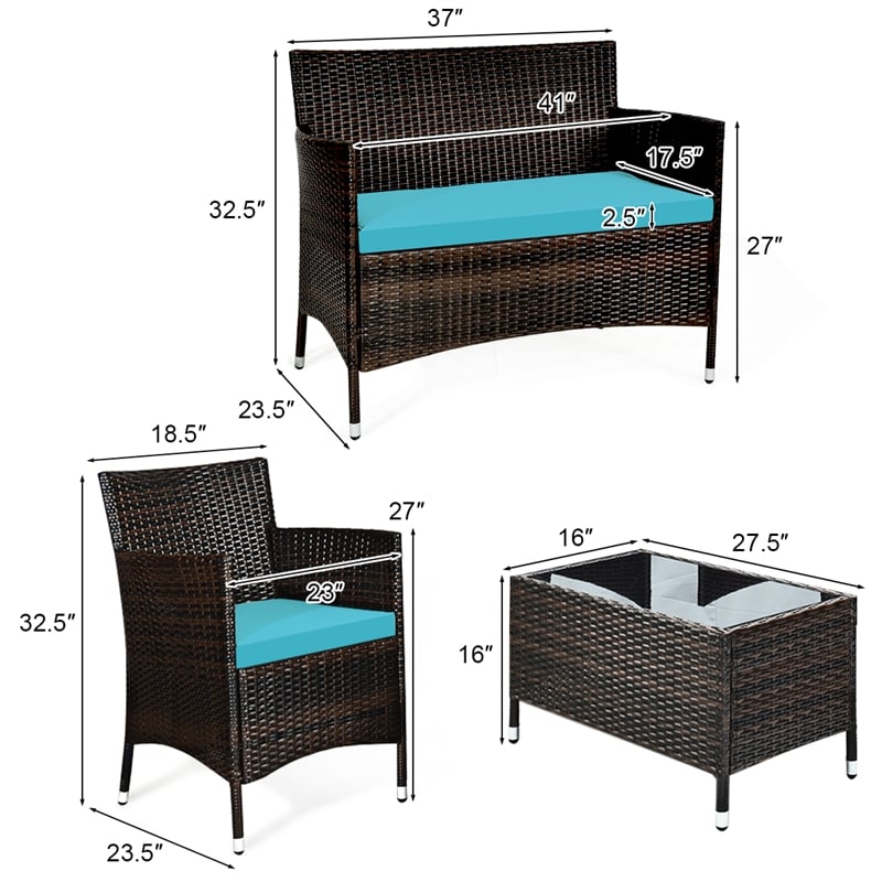 4PCS Patio Rattan Furniture Set Cushioned Sofa Turquoise