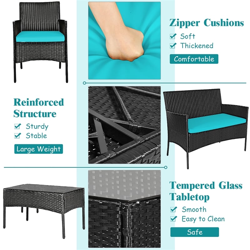 4PCS Patio Rattan Furniture Set Cushioned Sofa Turquoise