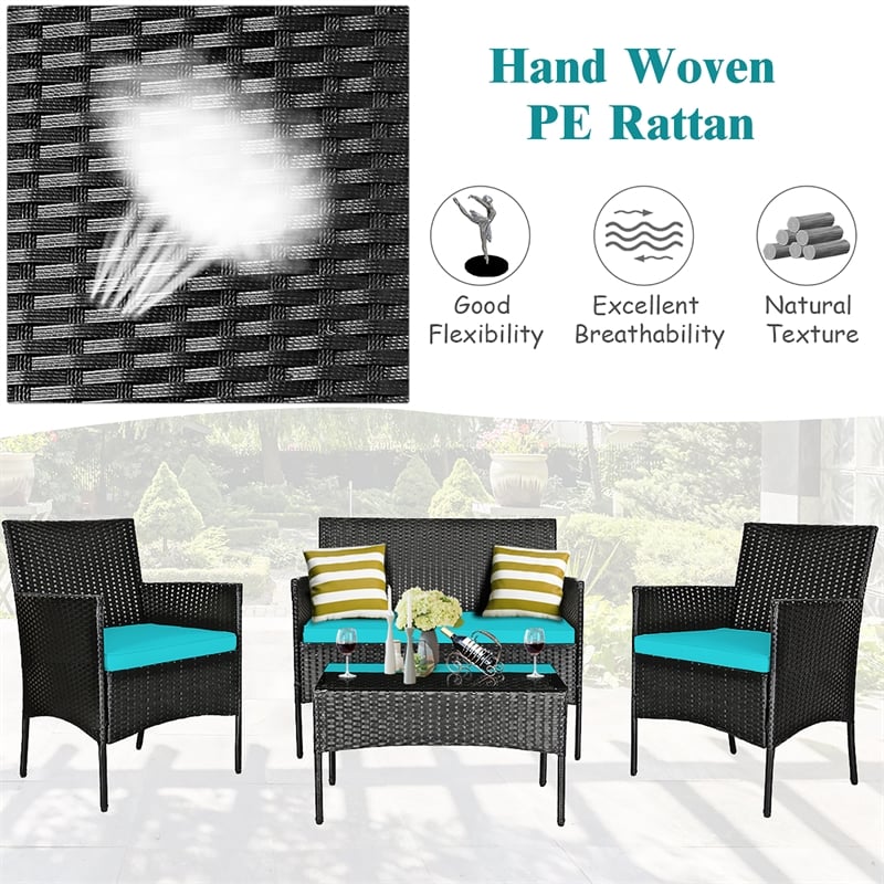 4PCS Patio Rattan Furniture Set Cushioned Sofa Turquoise