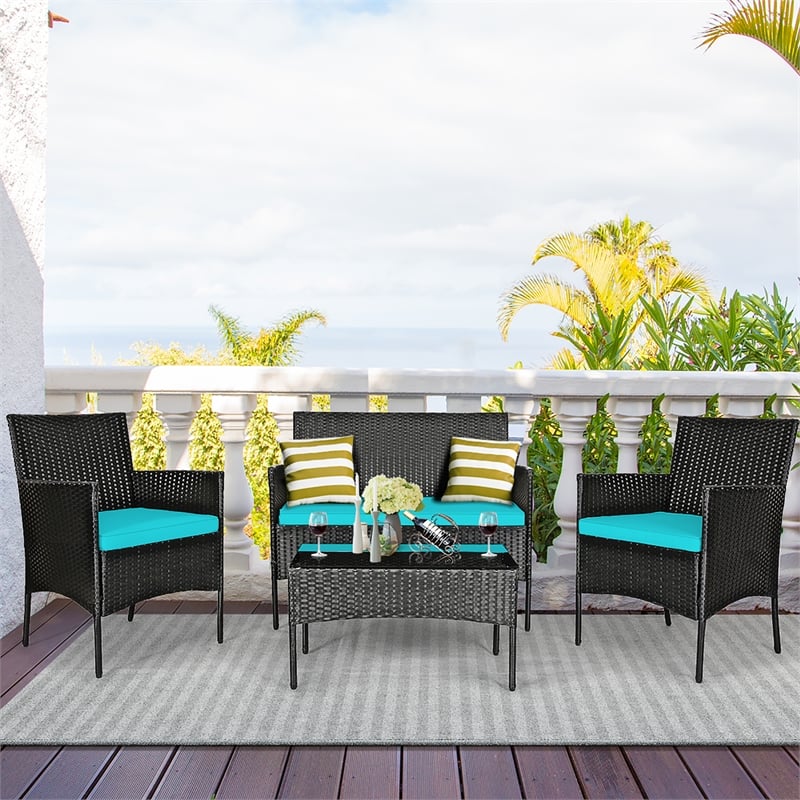 4PCS Patio Rattan Furniture Set Cushioned Sofa Turquoise