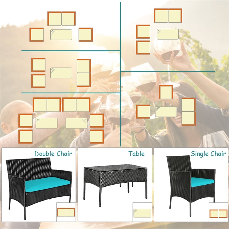 4PCS Patio Rattan Furniture Set Cushioned Sofa Turquoise