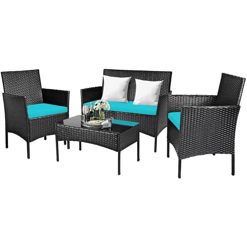4PCS Patio Rattan Furniture Set Cushioned Sofa Turquoise