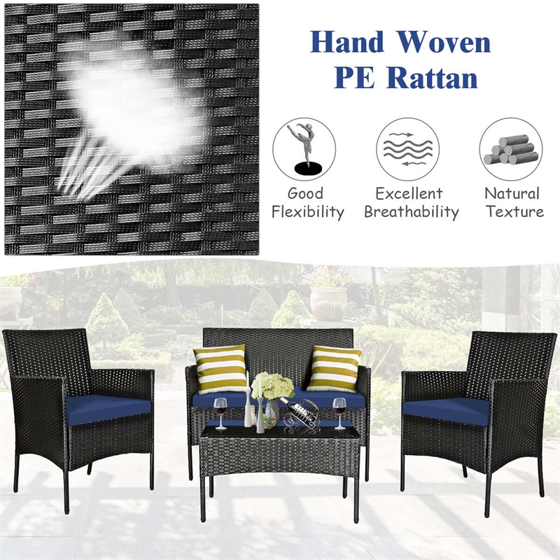 4PCS Patio Rattan Furniture Set Cushioned Sofa Navy