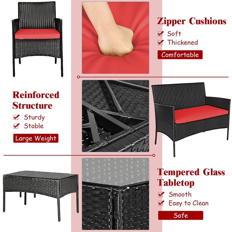 4PCS Patio Rattan Furniture Set Cushioned Sofa Red