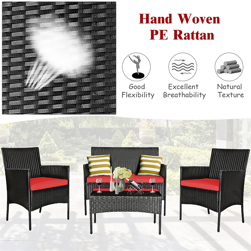 4PCS Patio Rattan Furniture Set Cushioned Sofa Red
