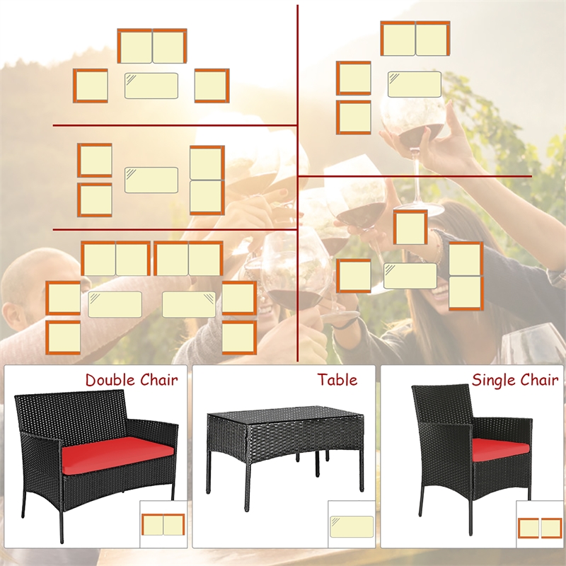 4PCS Patio Rattan Furniture Set Cushioned Sofa Red