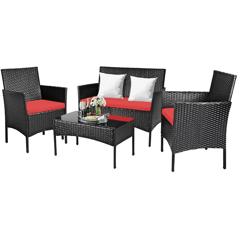 4PCS Patio Rattan Furniture Set Cushioned Sofa Red