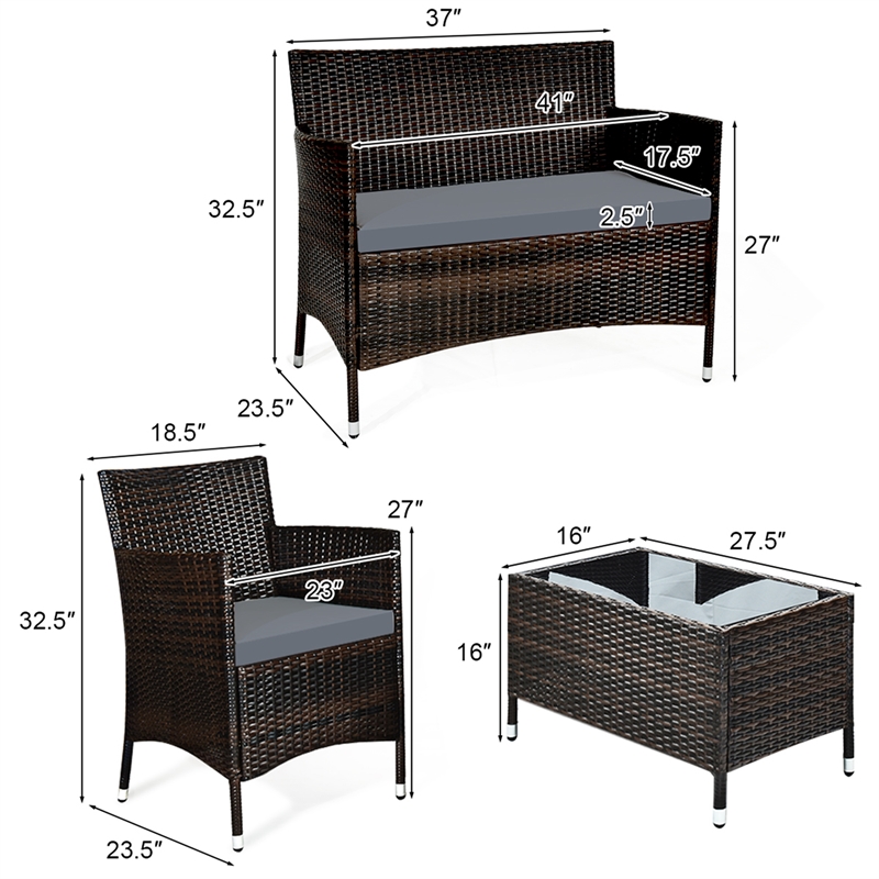 4PCS Patio Rattan Furniture Set Cushioned Sofa Gray Cushions