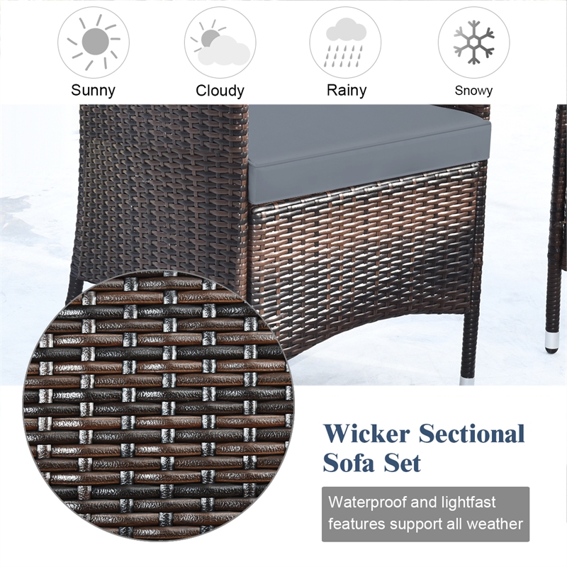 4PCS Patio Rattan Furniture Set Cushioned Sofa Gray Cushions