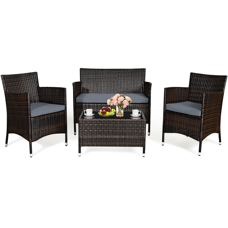 4PCS Patio Rattan Furniture Set Cushioned Sofa Gray Cushions