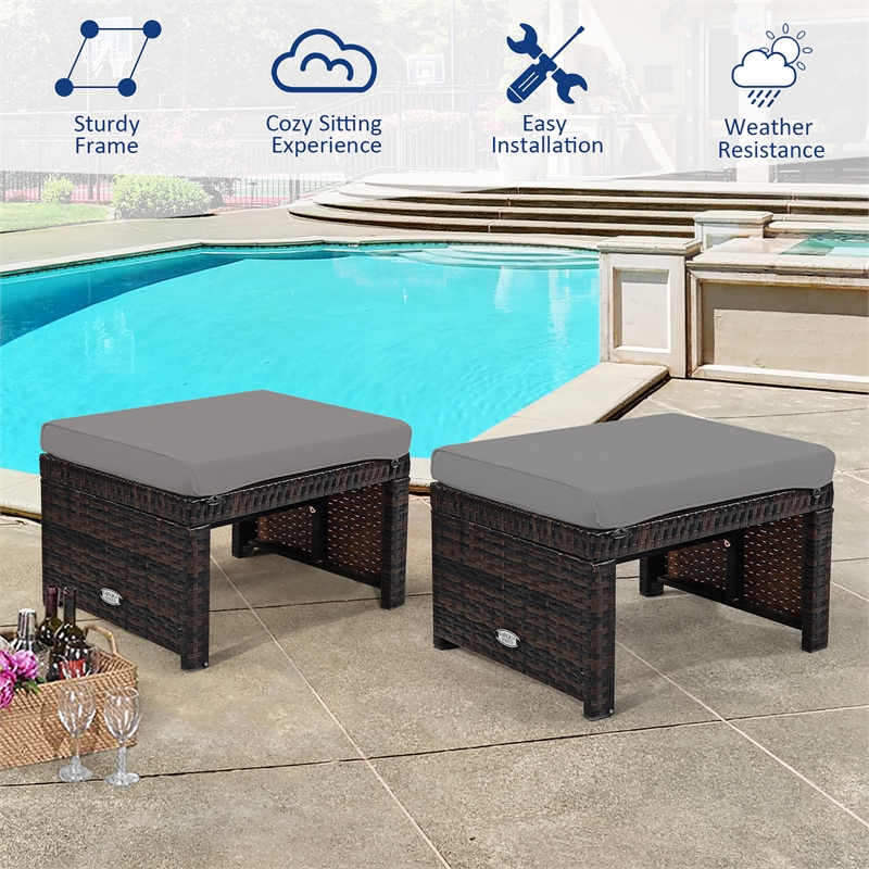 2PCS Patio Rattan Ottoman Seat Foot Rest Furniture Gray