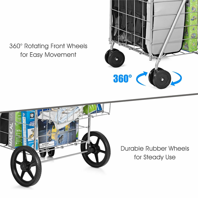 Folding Shopping Cart Jumbo Basket Grocery Laundry Travel Silver