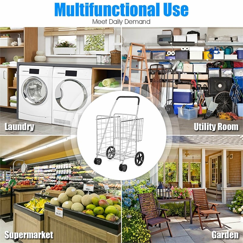 Folding Shopping Cart Jumbo Basket Grocery Laundry Travel Silver