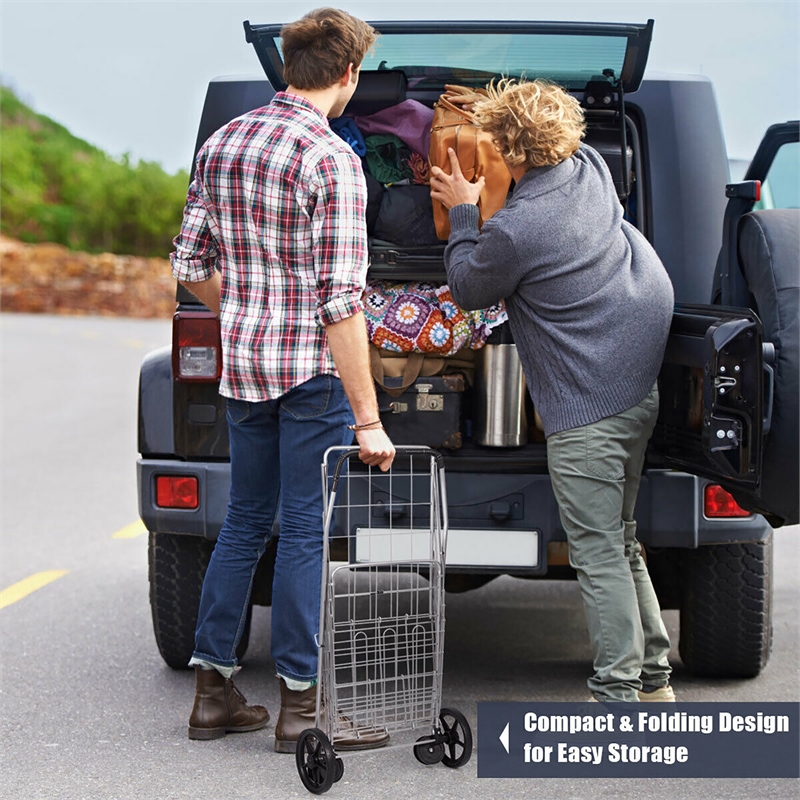 Folding Shopping Cart Jumbo Basket Grocery Laundry Travel Silver