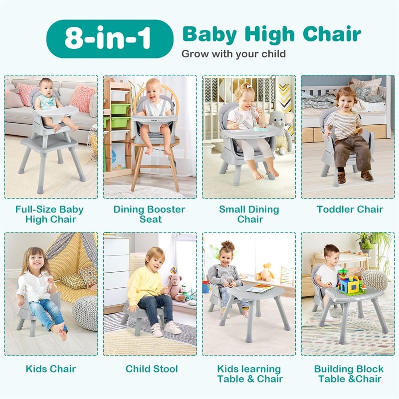8 in 1 Baby High Chair Convertible Dining Booster Seat Gray
