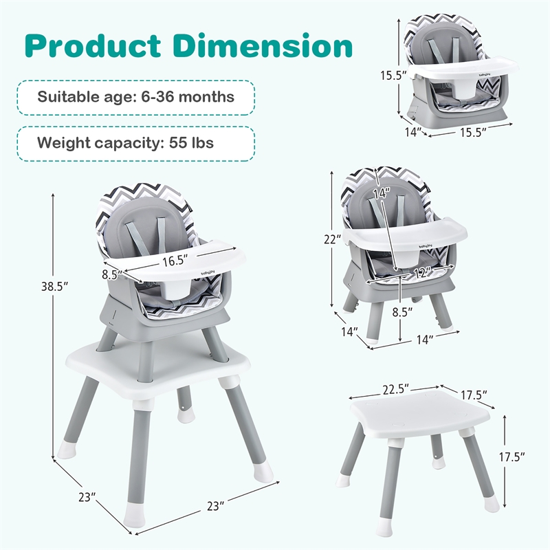 8 in 1 Baby High Chair Convertible Dining Booster Seat Strip