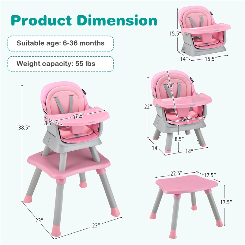 8 in 1 Baby High Chair Convertible Dining Booster Seat Pink