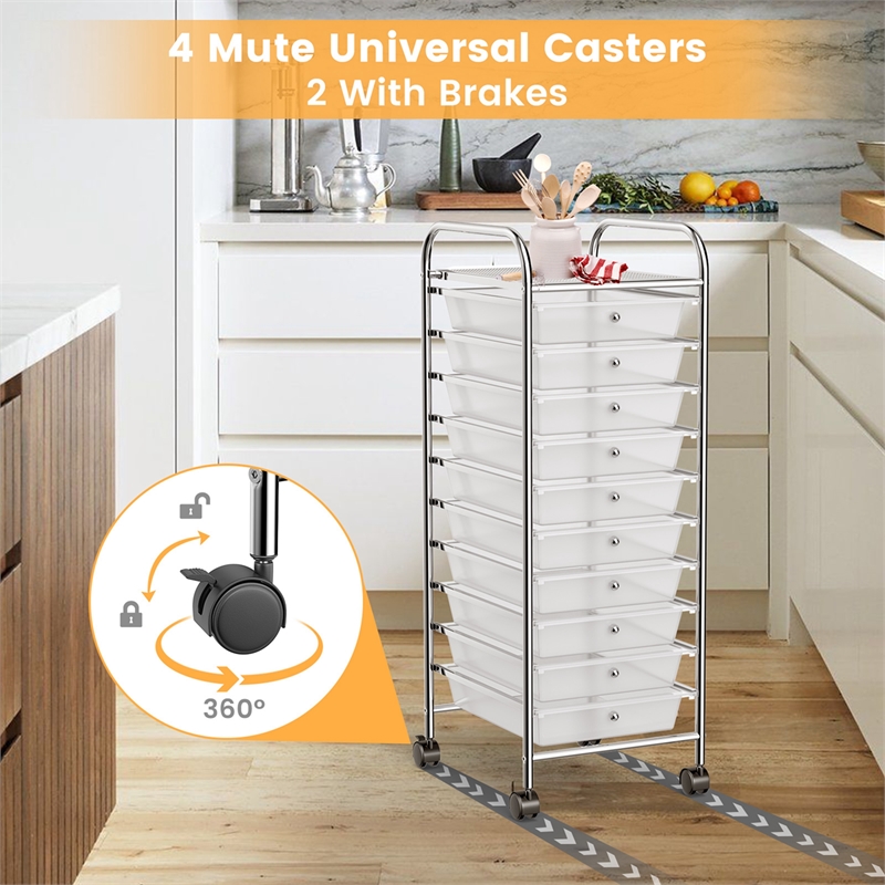 10 Drawer Rolling Storage Cart Paper Office School Organizer Clear
