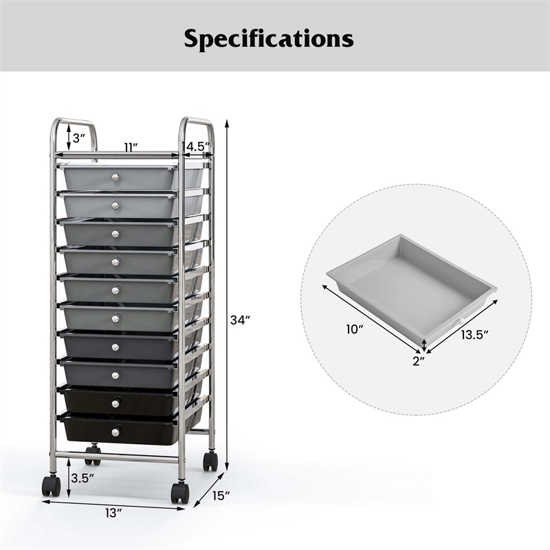 10 Drawer Rolling Storage Cart Paper Office School Organizer Black