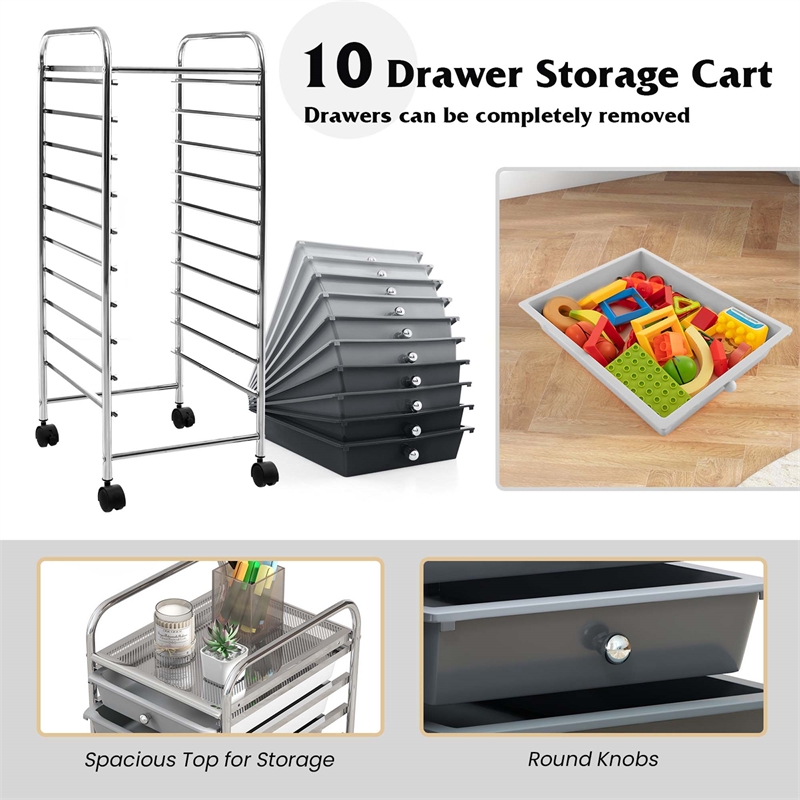 10 Drawer Rolling Storage Cart Paper Office School Organizer Black