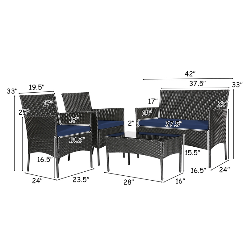 4PCS Patio Rattan Furniture Set Cushioned White Navy
