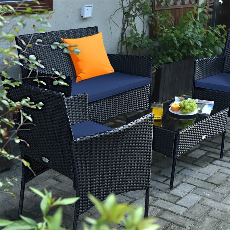 4PCS Patio Rattan Furniture Set Cushioned White Navy