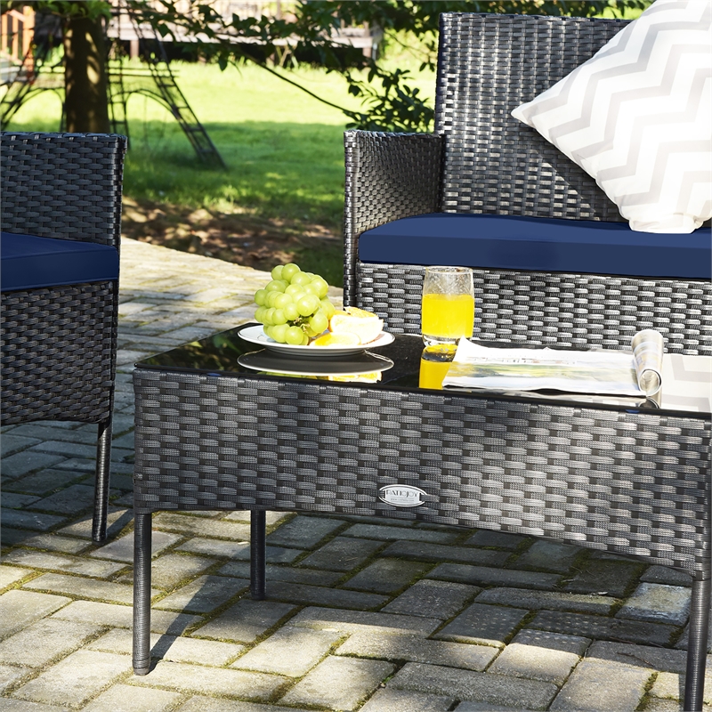 4PCS Patio Rattan Furniture Set Cushioned White Navy