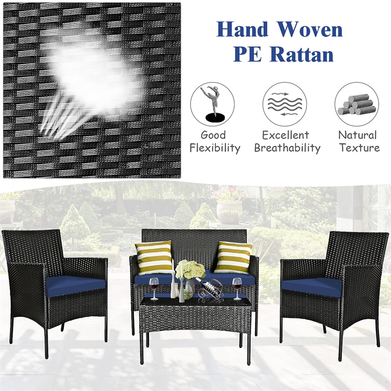 4PCS Patio Rattan Furniture Set Cushioned White Navy
