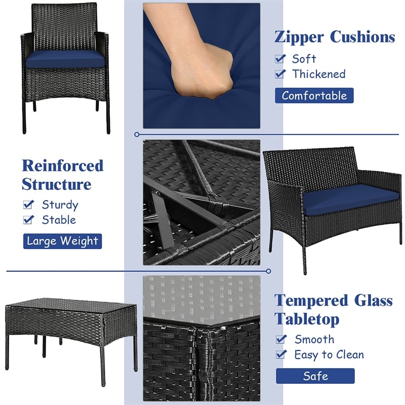 4PCS Patio Rattan Furniture Set Cushioned White Navy