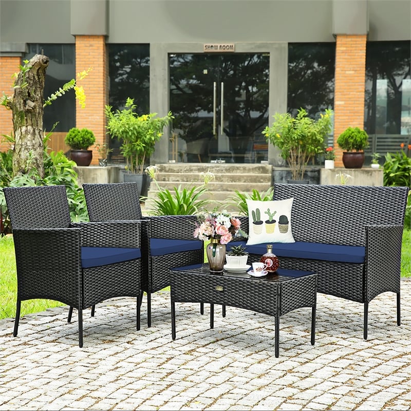 4PCS Patio Rattan Furniture Set Cushioned White Navy