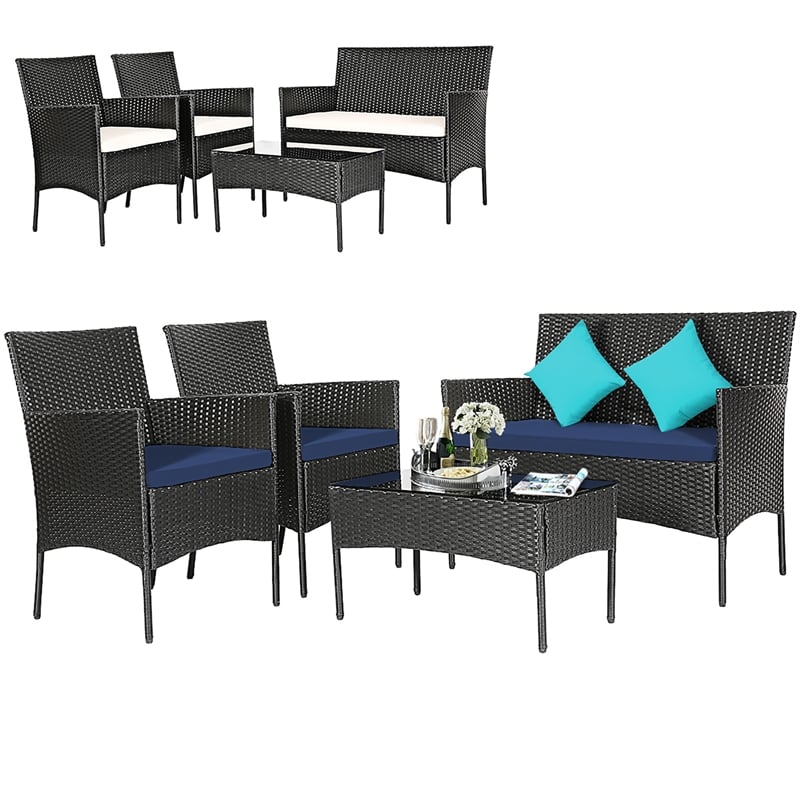 4PCS Patio Rattan Furniture Set Cushioned White Navy