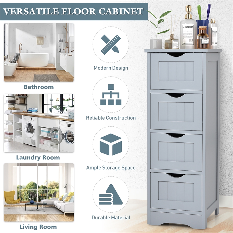 4 Drawer Bathroom Floor Cabinet Free Standing Storage Side Organizer Gray
